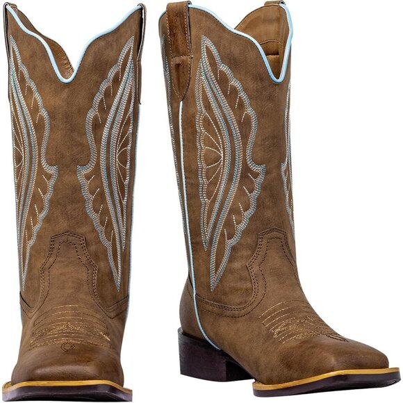 Women's Brown Leather Square Toe Embroidered Knee High Western Cowgirl Boots - Picture 8 of 9